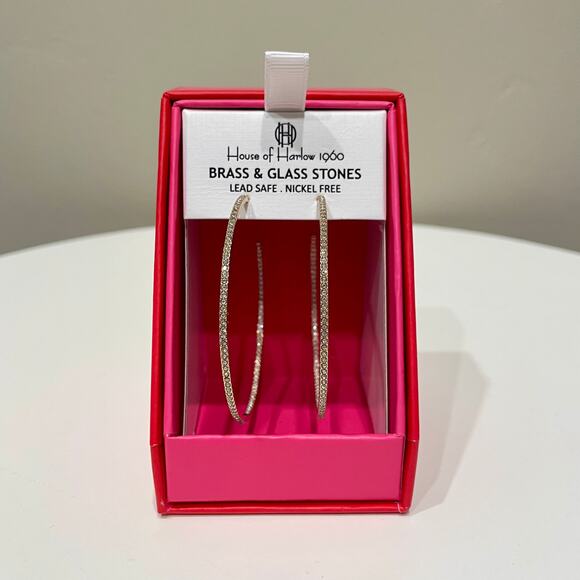 NEW House of Harlow 1960 Gold Tone Hoop Earrings with Brass and Glass Stones - Picture 1 of 5